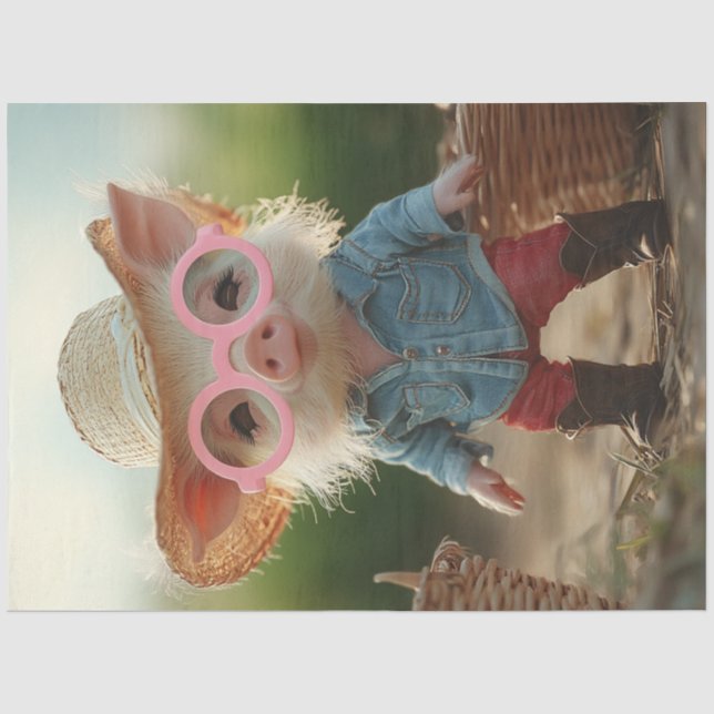 Dekoupage Whimsical Farm Piglet in Strohhut Seidenpapier (Vorderseite)