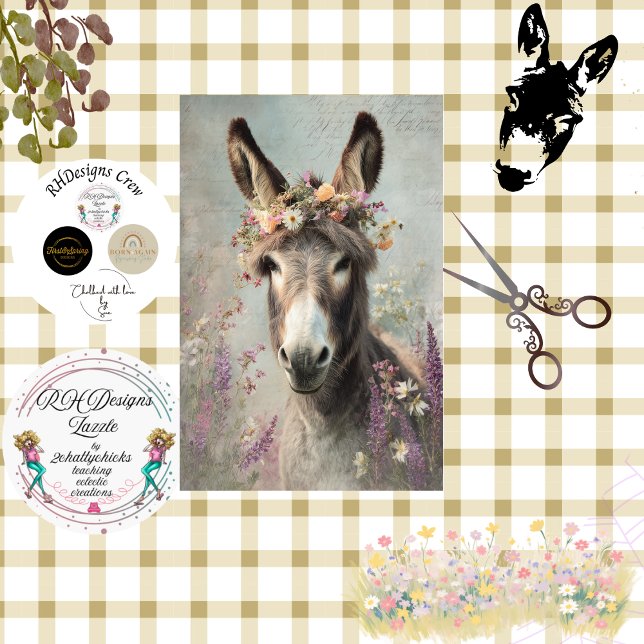 Dekoupage Whimsical Floral Donkey Farm Scene Seidenpapier (Von Creator hochgeladen)