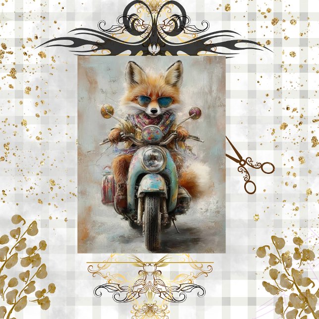 Dekoupage Whimsical Fox Riding Motorrad Seidenpapier (Von Creator hochgeladen)