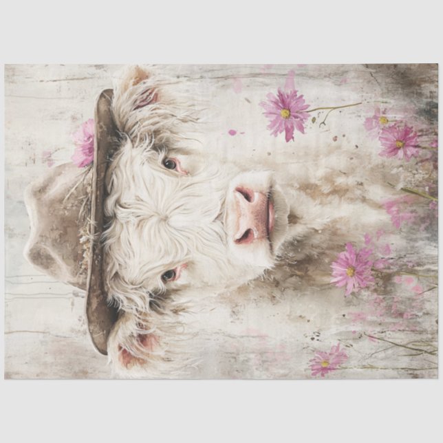 Dekoupage Whimsical Kuh Painting Pink Blume Seidenpapier (Vorderseite)