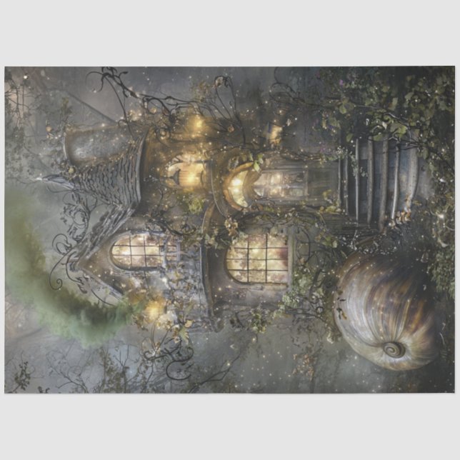 Dekoupage Whimsical Mairy Tale Wald Baum House Seidenpapier (Vorderseite)