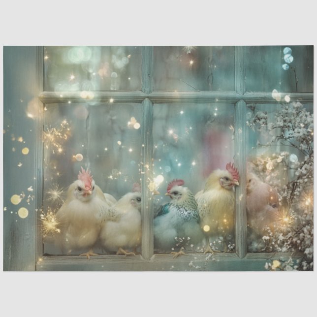 Dekoupage Whimsical Oaster Chick im Fenster Seidenpapier (Vorderseite)