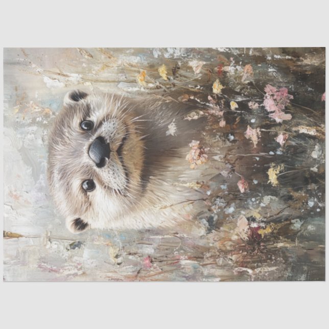 Dekoupage Whimsical Otter im Bereich der Blume Seidenpapier (Vorderseite)