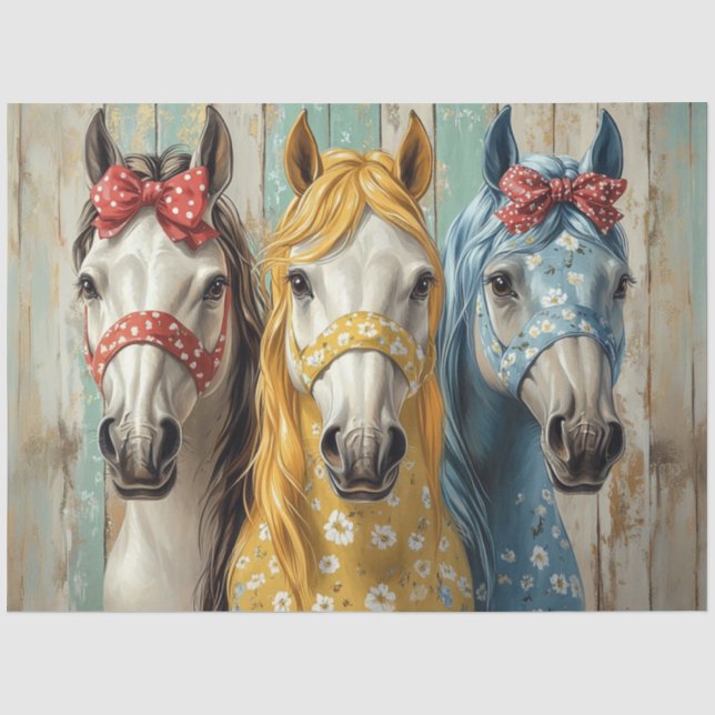 Dekoupage Whimsical Pferde Matching Bows and Reins Seidenpapier (Vorderseite)