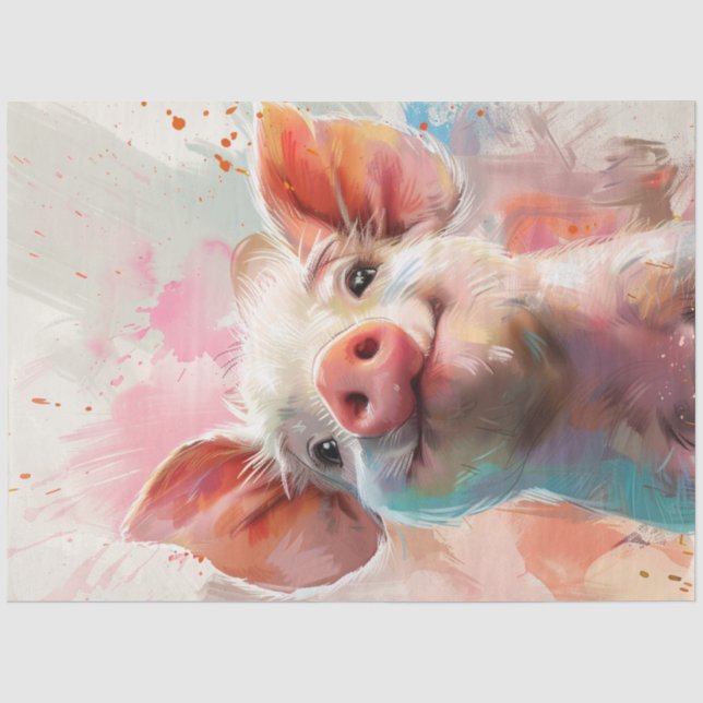 Dekoupage Whimsical Pig in einem floralen Wunderla Seidenpapier (Vorderseite)