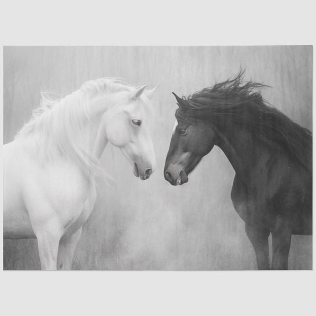 Dekoupage Whimsical Schwarz-weiß Horses Interaktio Seidenpapier (Vorderseite)