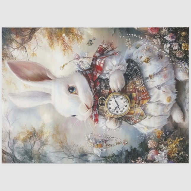Dekoupage Whimsical White Rabbit Alice Adventures Seidenpapier (Vorderseite)