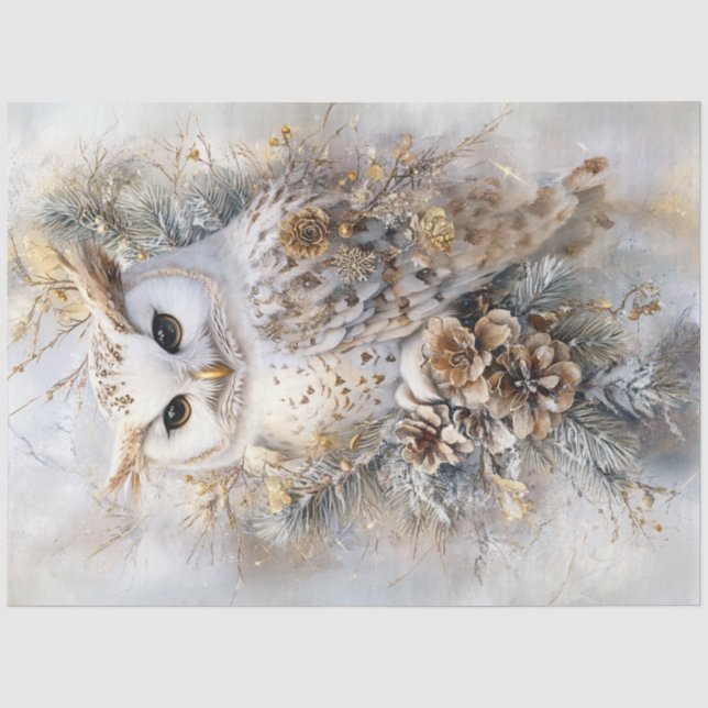 Dekoupage White Owl Golden Accent Friedlich Seidenpapier (Vorderseite)