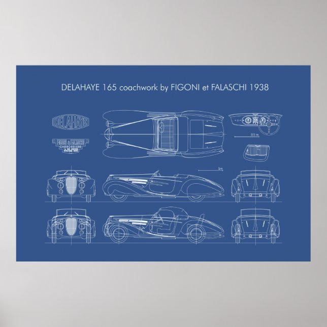 Delahaye 165 Figoni und Falaschi Blueprint Poster (Vorne)
