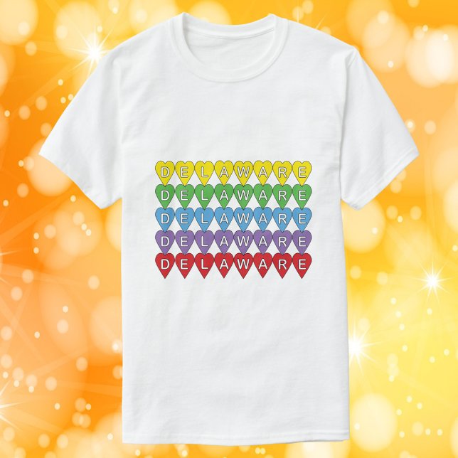 Delaware Hearts Colorful Rainbow T-Shirt (A shirt with yellow, green, blue, purple and red hearts that say Delaware)
