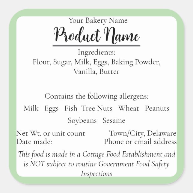 Delaware Hütte Food Business Green Baking Label Quadratischer Aufkleber (Vorderseite)