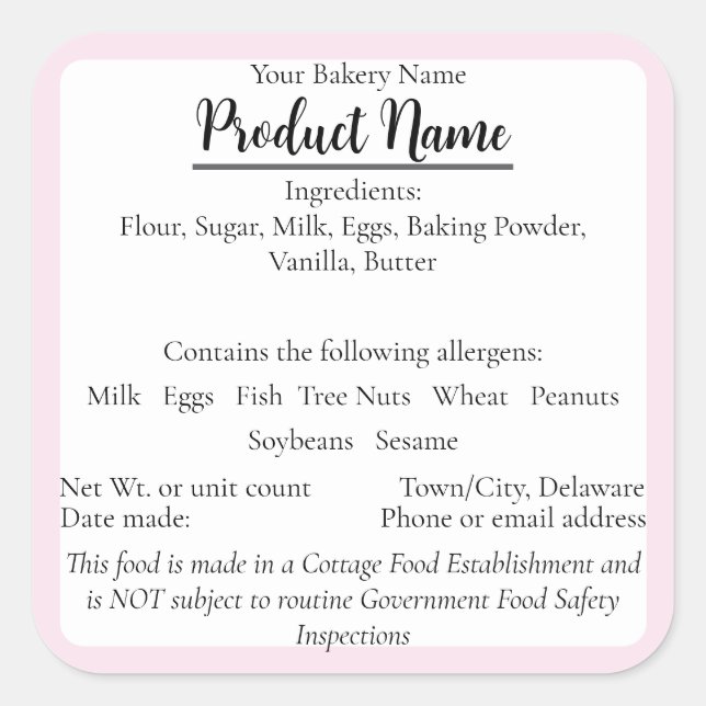 Delaware Hütte Food Business Pink Baking Label Quadratischer Aufkleber (Vorderseite)
