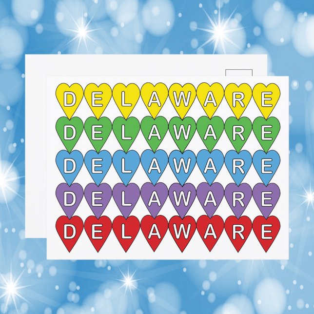 Delaware Rainbow Hearts Postkarte (A postcard featuring yellow, green, blue, purple and red hearts wit hthe word Delaware.)