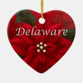 Delaware Red Poinsettia Heart Keepake Ornament