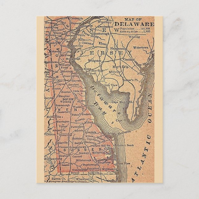 Delaware Vintag Staat Map Postkarte (Vorderseite)