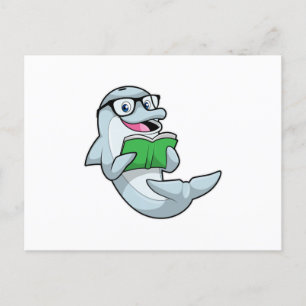Delfin als Streber mit Brille und Buch Postkarte