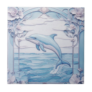 Delfin Art Nouveau Faux-Relief Hellblau Links Fliese