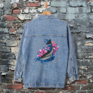 Delfin Lotusblumen Kirschblüten Jeansjacke