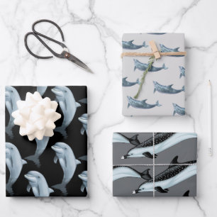 Delfin-Muster Schwarz Grau Geschenkpapier Set
