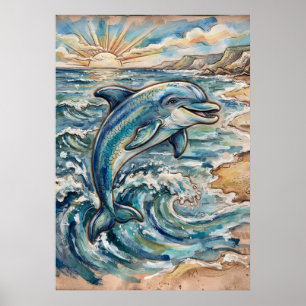 Delfin-Ozeanwelle-Wasserfarbenposter Poster