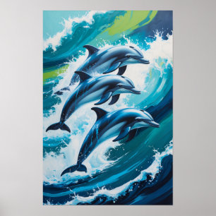 Delfine springen durch Ozeanwellen Dynamisch Marin Poster