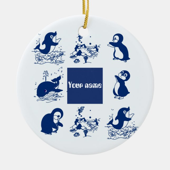 Delfine, Wale und Pinguine Keramik Ornament (Vorne)