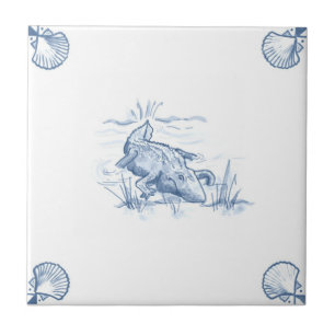 Delft-Alligatorfliese mit Muschel-Ecken Fliese
