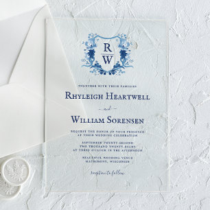 Delft-Blau-Aquarell-Monogrammwappen-Hochzeit Acryleinladungen