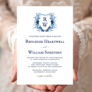 Delft-Blau-Aquarell-Monogrammwappen-Hochzeit Einladung