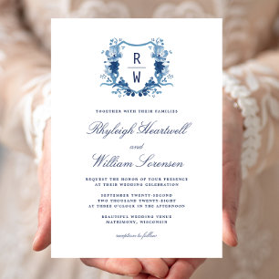Delft-Blau-Aquarell-Monogrammwappen-Hochzeit Einladung