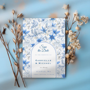 Delft Blau-Weiß-Chinoiserie-Blumenmuster Save The Date