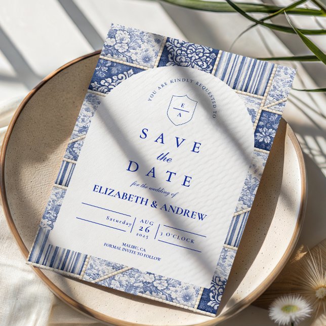 Delft Blaues Patchwork-Toile-Hochzeit Save The Date (Von Creator hochgeladen)