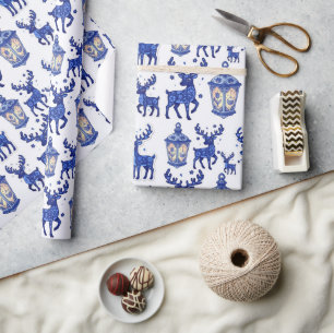 Delft-Blaues Weihnachts-Rentier-und-Laternen-Festt Geschenkpapier