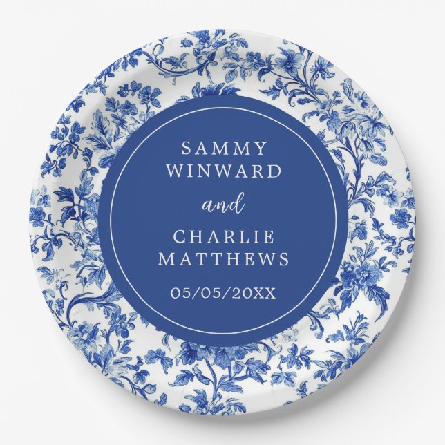 Delft Blue Antique Chinoiserie Hochzeit Pappteller (Vorderseite)