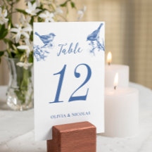 Delft Blue Birds Frühlings-Hochzeitstischkarte
