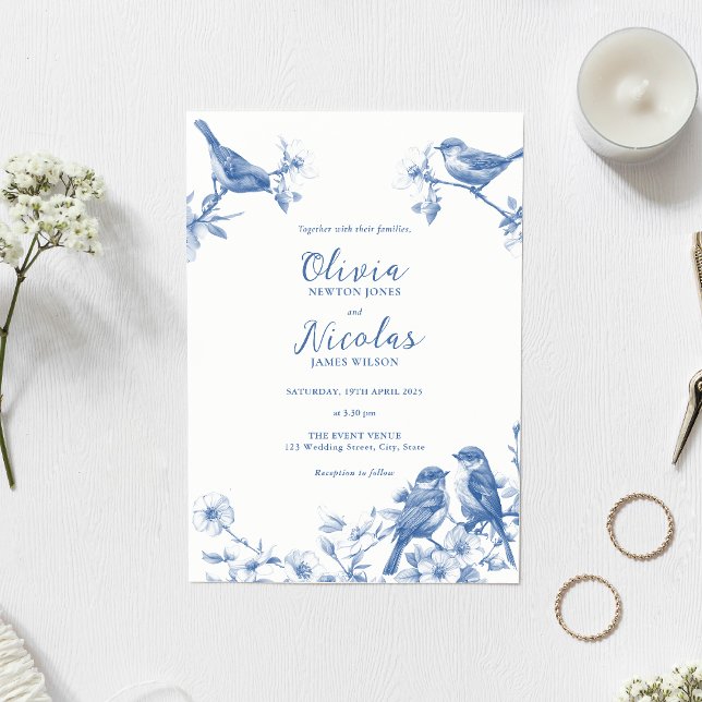 Delft Blue Birds Spring Wedding Invitation (Créateur téléchargé)