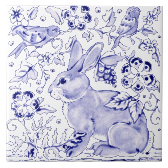 Delft Blue Bunny Rabbit Bird Dedham Elegante Rusti Fliese (Vorderseite)