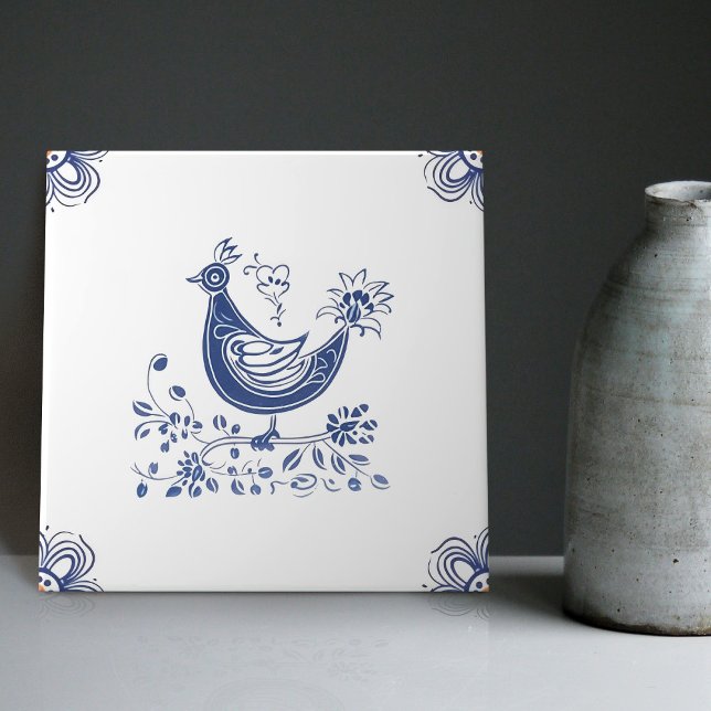 Delft Blue Dutch Style Bird Blume Indigo Fliese (Von Creator hochgeladen)