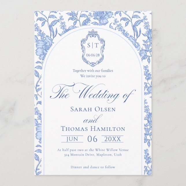 Delft Blue Floral Chinoiserie Monogram Wedding Einladung (Vorderseite)