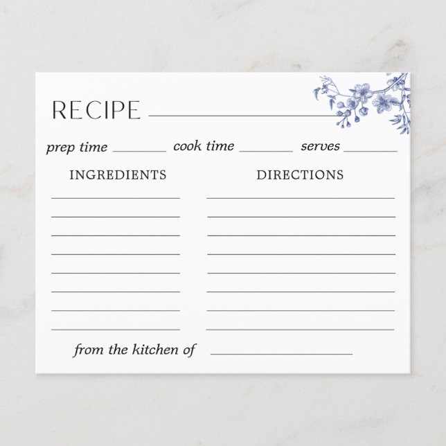 Delft Blue Floral Chinoiserie Rezept Karte (Vorderseite)