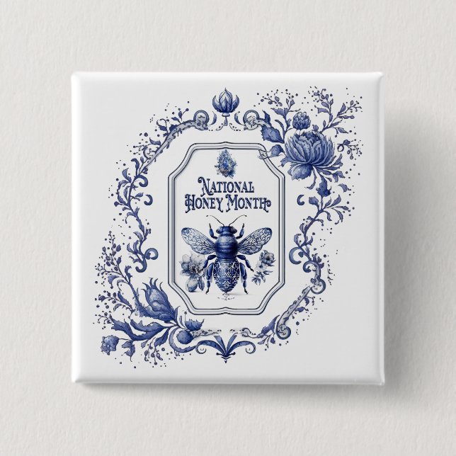 Delft Blue Honey Bee & Blume Button (Vorderseite)