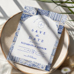 Delft Blue Patchwork Toile Wedding Save The Date<br><div class="desc">A timeless blue and white design inspired by classic Delft porcelain and French toile patterns. The patchwork tile border combines delicate florals, stripes, and ornamental motifs that evoke vintage European ceramics. A soft arched panel in the center keeps the layout refined and elegant while allowing the details of the porcelain-inspired...</div>