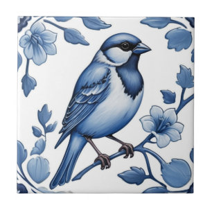 Delft Blue und White Floral Sparrow Bird Fliese