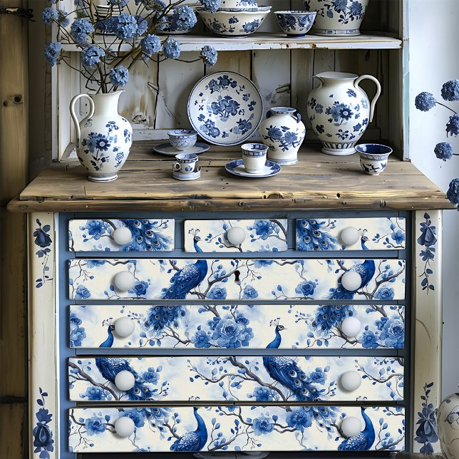 Delft Blue Vintag Chinoiserie Peacock Seidenpapier (Von Creator hochgeladen)