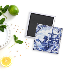 Delft Blue Vintag Windmill and Boat Painting Magnet