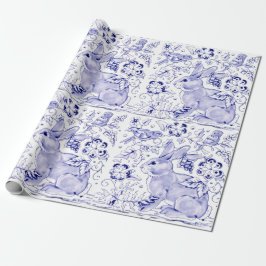 Delft Blue White Bunny Rabbit Birds Dedham Osterta Geschenkpapier