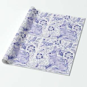 Delft Blue White Bunny Rabbit Birds Dedham Osterta Geschenkpapier