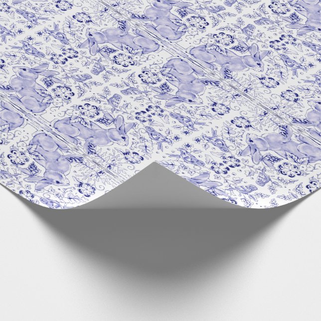 Delft Blue White Bunny Rabbit Birds Dedham Osterta Geschenkpapier (Ecke)