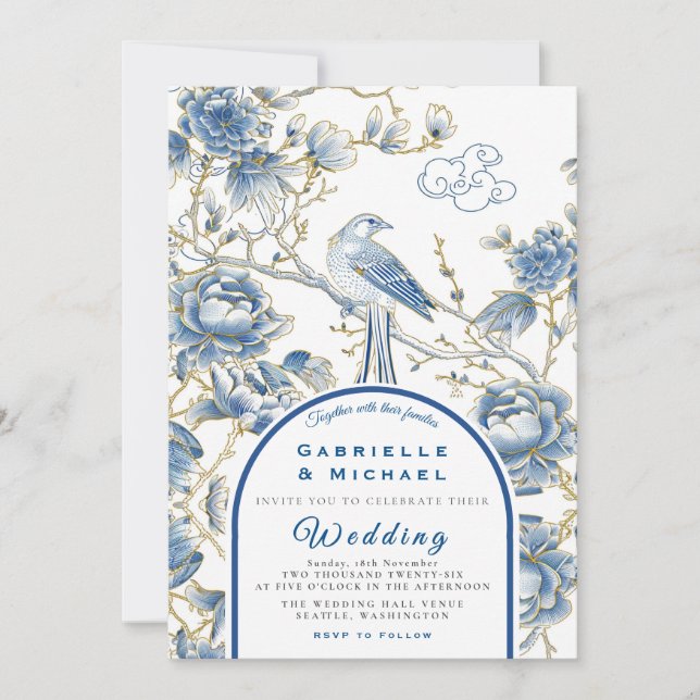 Delft Blue White Chinoiserie Porcelain Hochzeit Einladung (Vorderseite)