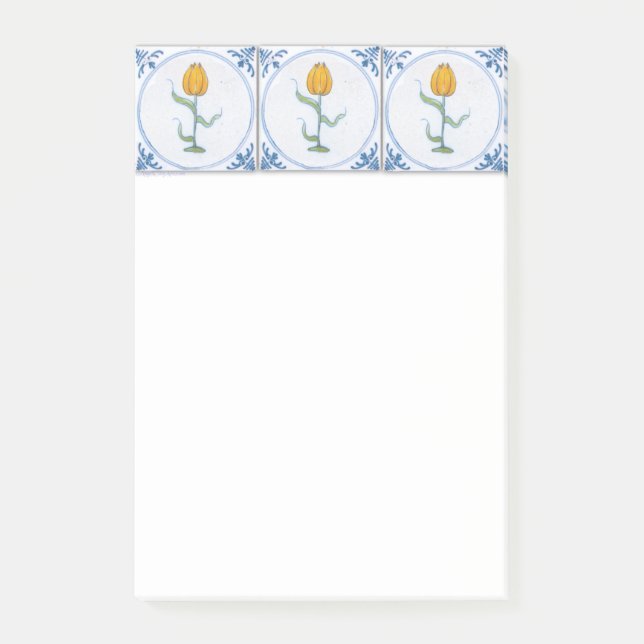 Delft Blue White Yellow Tulip Tile Art Sticky Post-it Klebezettel (Vorderseite)